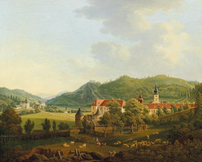 Open landschap met klooster door Anton Schiffer